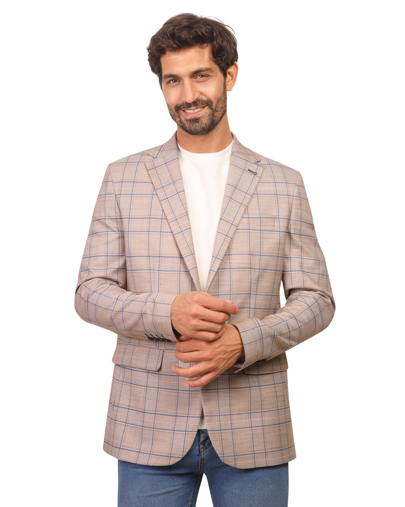Men's Casual Blazer Plaid Sport Coat Classic Fit Two Button Mix of brown and Baby Blue