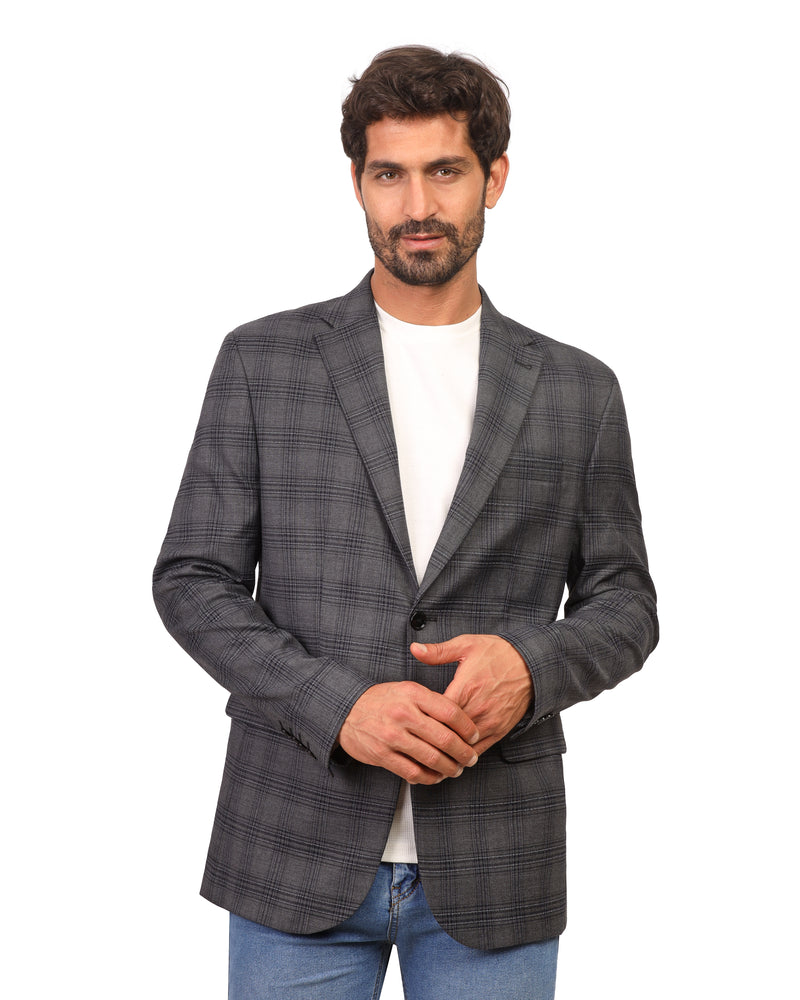 Men's Casual Blazer Plaid Sport Coat Classic Fit Two Button Mix of Silvar and Navy