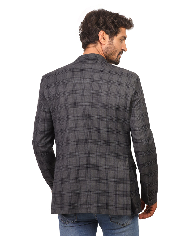 Men's Casual Blazer Plaid Sport Coat Classic Fit Two Button Mix of Silvar and Navy