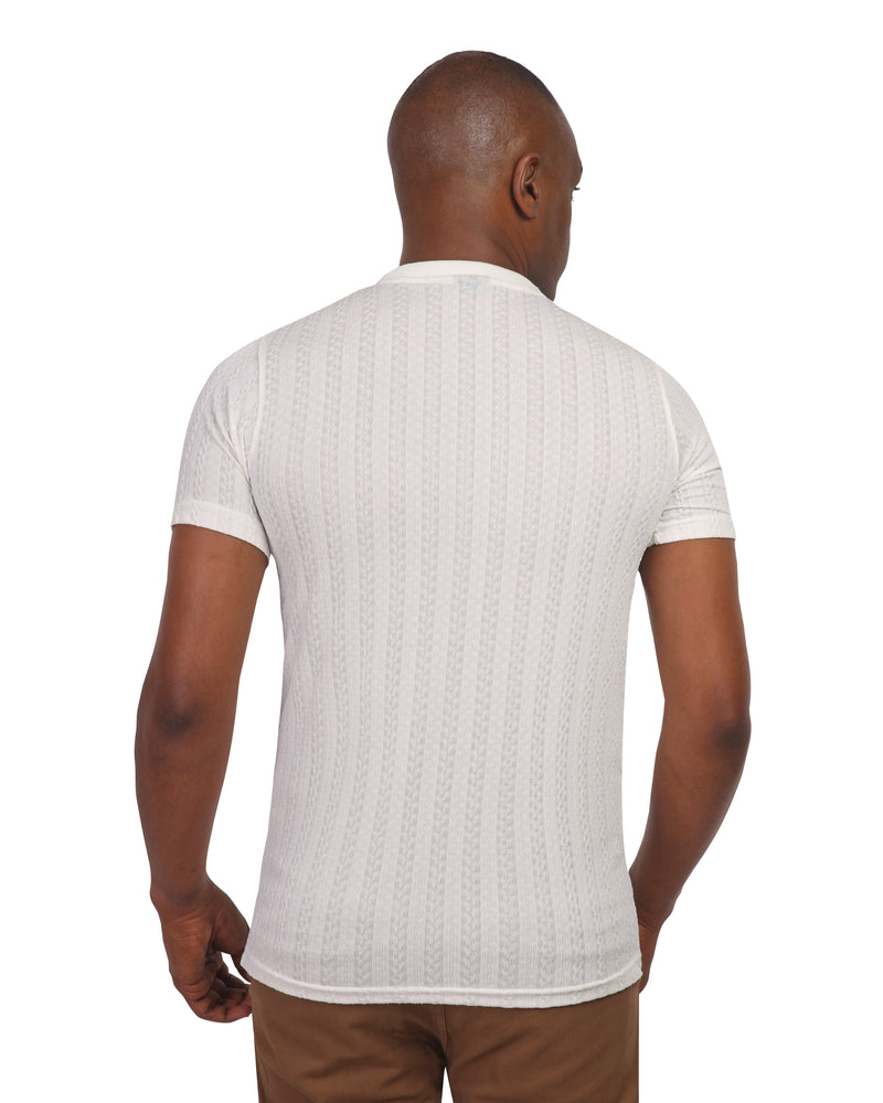 white crew neck T-shirt. Designed with a subtle vertical textured pattern
