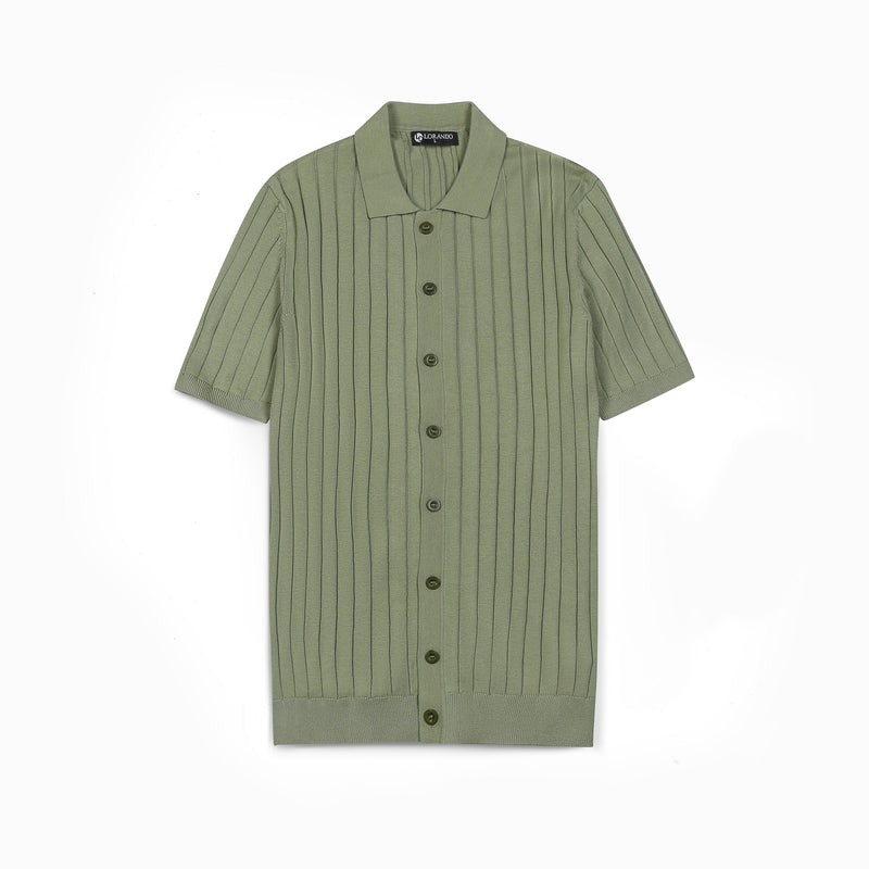 Sage Green Ribbed Knit Button-Up Polo Shirt