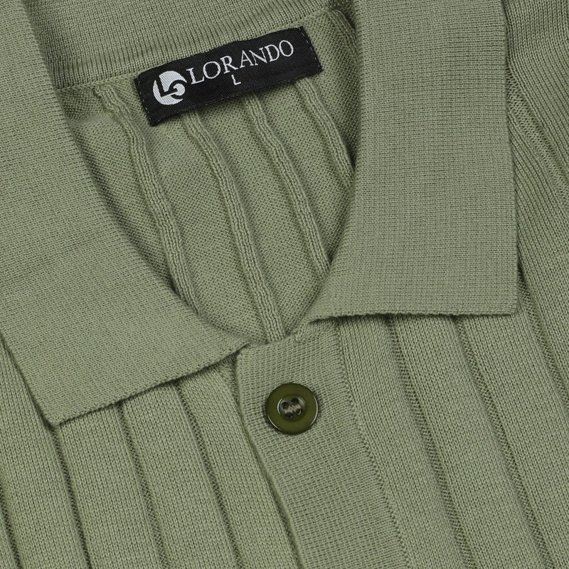Sage Green Ribbed Knit Button-Up Polo Shirt