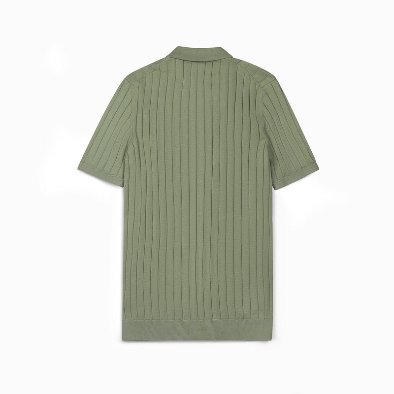 Sage Green Ribbed Knit Button-Up Polo Shirt