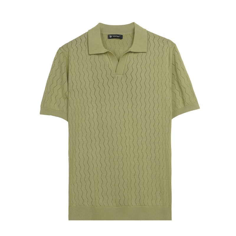 Sage Ribbed Knit Button-Up Polo Shirt
