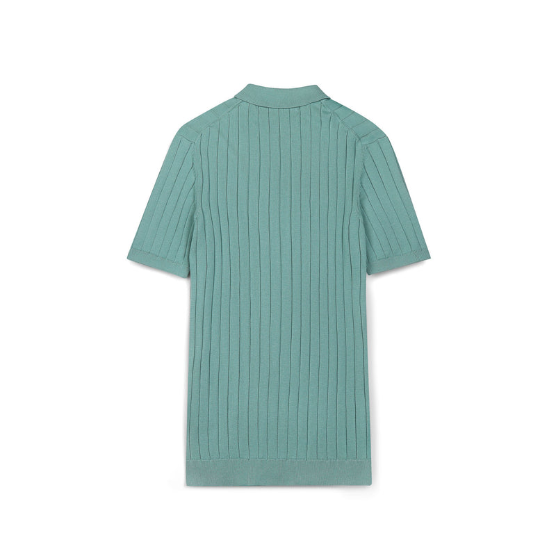 Sage Green Ribbed Knit Button-Up Polo Shirt