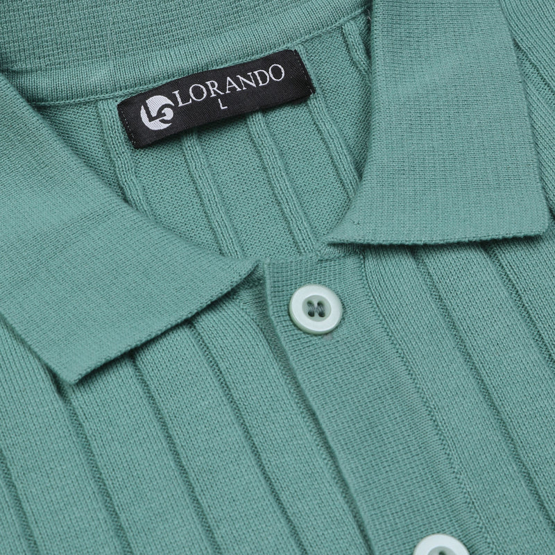Sage Green Ribbed Knit Button-Up Polo Shirt